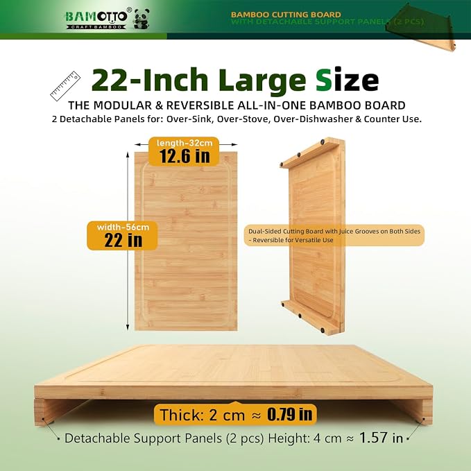 BAMOTTO CRAFTBAMBOO 12.6x22 Inch Bamboo Cutting Board, RV Stovetop Cover | 2 Detachable Support Panels | Reversible Juice Groove | Countertop Dishwasher Cover | Over Sink | Natural Bamboo