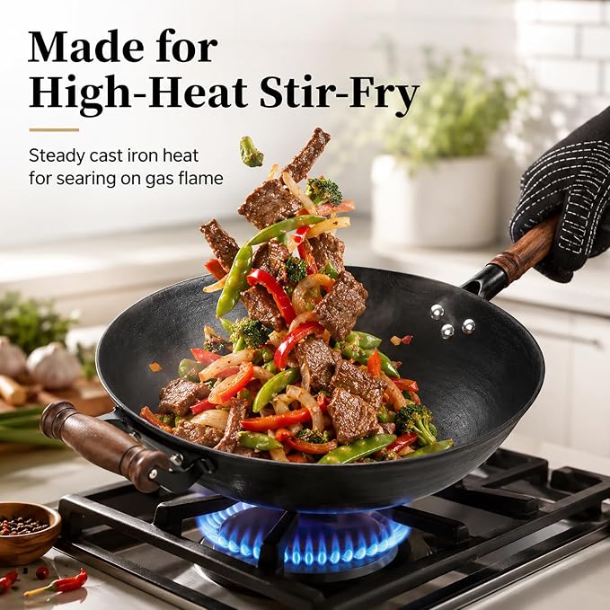 WANGYUANJI 12.6 Inch Round Bottom Cast Iron Wok with Glass Lid, Chinese Stir Fry Pan for Gas Stove & Open Flame, Uncoated Clay-Mold Texture, Wok Ring Required, Seasoning Needed