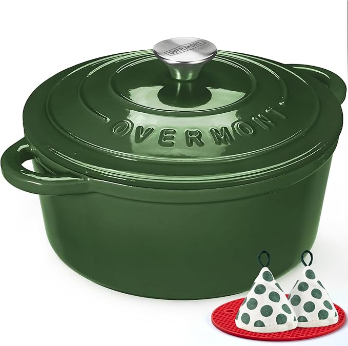 Overmont Enameled Cast Iron Dutch Oven - 4.5QT Pot with Lid Cookbook & Cotton Potholders - Heavy-Duty Cookware for Braising, Stews, Roasting, Bread Baking GlossyGreen