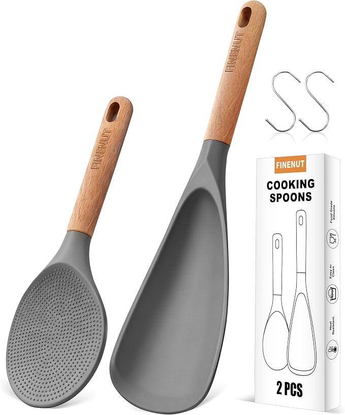 Cooking Spoon Multifunction Spoonula Silicone Spatula Spoon 2-Pack, Dual-Use Heat Resistant 446°F, BPA-Free Non-Toxic Wooden Handle Rice Spoon Set for Non-Stick Cookware & Rice Cookers