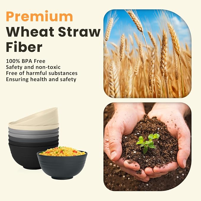 Premium Wheat Straw Bowls 8 PCS Unbreakable Bowl for Kitchen Cereal Bowls Lightweight Bowl Set, Reusable Microwave and Dishwasher Safe Bowl Set for Soup,Ramen,Salad(Grey Stone, 26 OZ)