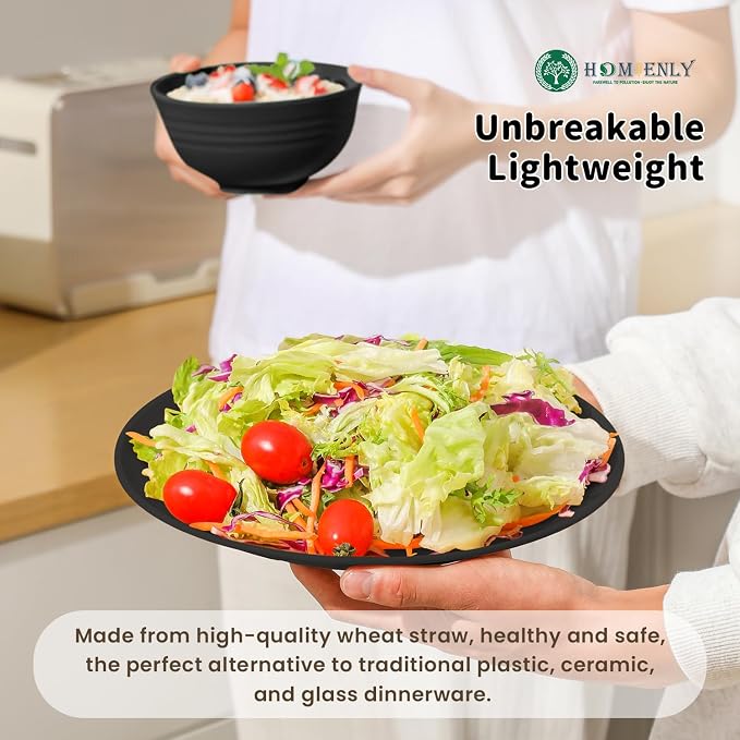 16-Piece Wheat Straw Dinnerware Sets, Reusable Unbreakable Plates and Bowls Sets,Cups,Service for 4, Premium Dishwasher and Microwave Safe Dish Sets for Kitchen,Outdoor - Black
