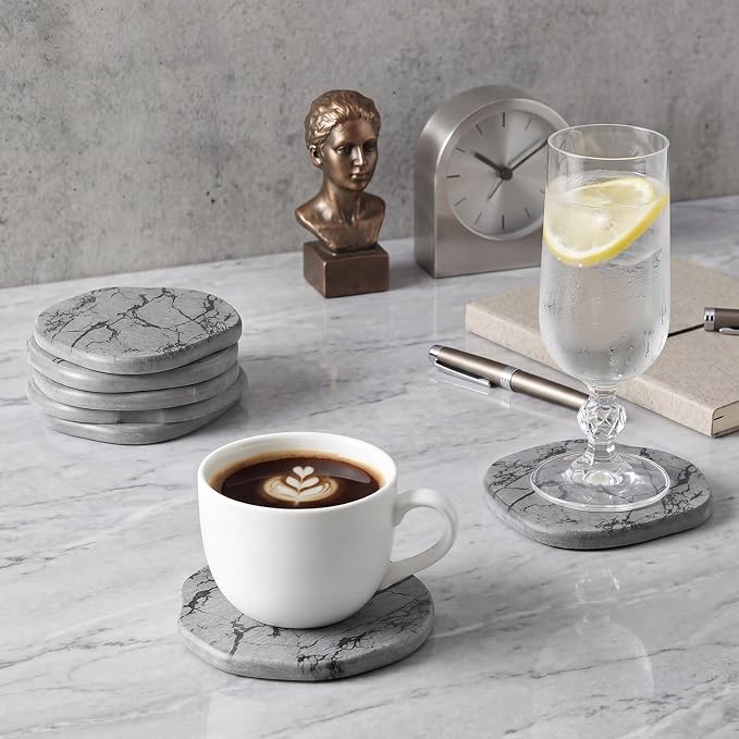 Diatomaceous Earth Coasters Set of 8，Cool Absorbent Quick-Dry Drink Coasters for Desks, Cute Modern Stone Design with Stylish Grey Aesthetic (8, Marble Light Grey)