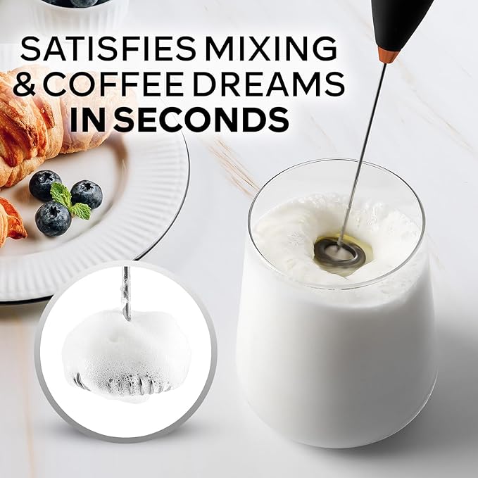 Zulay Kitchen Powerful Milk Frother Wand With Duracell Batteries - Ultra Fast Handheld Drink Mixer - Electric Whisk Foam Maker for Coffee, Lattes, Cappuccino & Matcha - Z1 Motor - Black & Copper