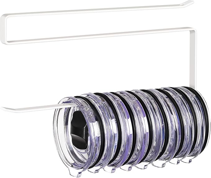 Tumbler Lid Organizer, Versatile Tumbler Lid Storage Holds 10 Lids, White | Space Saving Cup Lid Organizers Inside Cabinet Tumbler Lid Hook for Kitchen Organizer and Storage, Paper Towel Rack Hanger