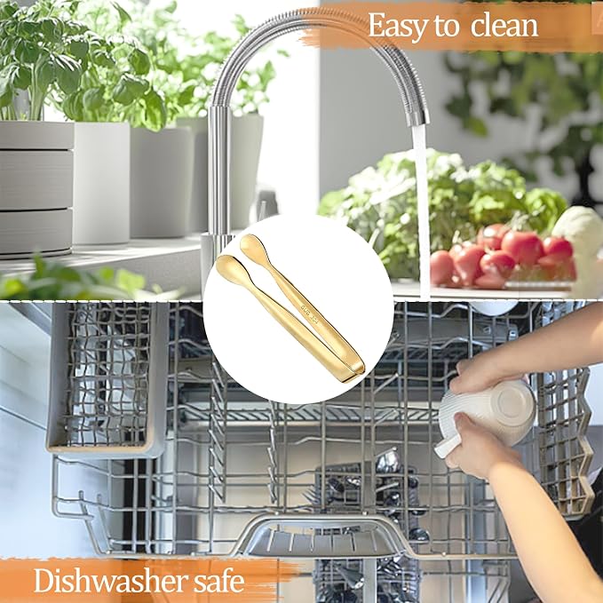 8PCS Gold Mini Metal Tongs, 4.25" Stainless Steel Tiny Tong, Small Kitchen Accessories for Serving Food, Ice, Sugar Cube, Salad, Toaster, Desserts