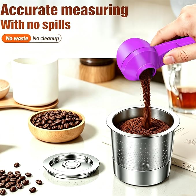 2-in-1 Coffee Scoop with Funnel, 2 Tbsp Measuring Spoon for Reusable K Cups, Ground Coffee, Protein Powder & Tea, Mess-Free Plastic Design（Rose Red-2pack）