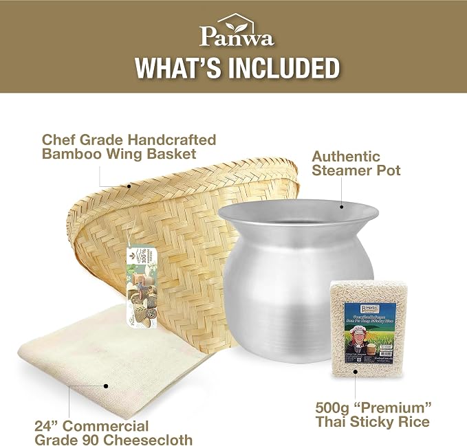 Sticky Rice Essential Starter Set - Includes Steamer Pot, Handcrafted Bamboo Wing Basket, 24” Grade 90 Cheesecloth & 500g. Premium Thai Sticky Rice