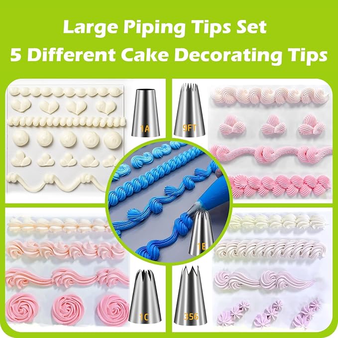 Suuker Large Piping Tips Set, 5 Cake Decorating Tips, 1A 1E 1C 9FT 356 | 5 Large Icing Tips In Round, Open Star, Closed Star, French Star and Drop Flower Shapes for Cakes, Cupcakes and Cookies