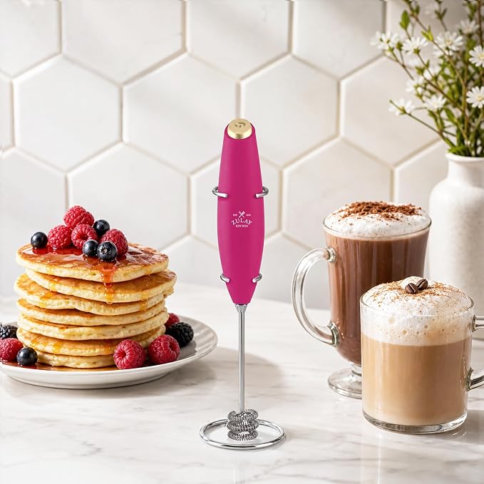 Zulay Kitchen Powerful Milk Frother Wand With Duracell Batteries - Ultra Fast Handheld Drink Mixer - Electric Whisk Foam Maker for Coffee, Lattes, Cappuccino & Matcha - Triple Whisk - Magenta Gold