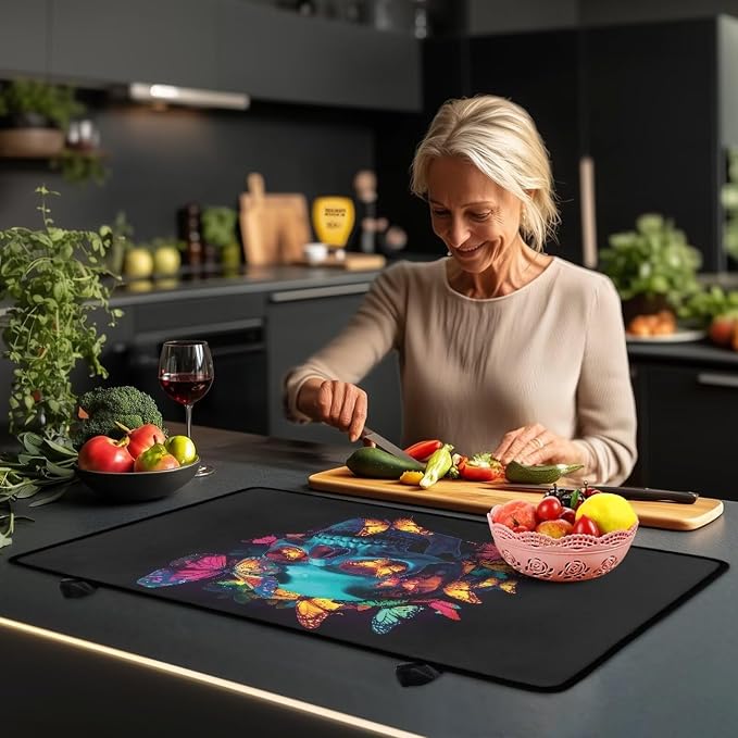 Groovy Skull Colorful Butterfly Print Stove Top Covers for Electric Stove Dish Drying Cooktop Cover Anti-Slip Stovetop Protector Range Covers for Glass Top Stove, 29.18 x 20.96 inch