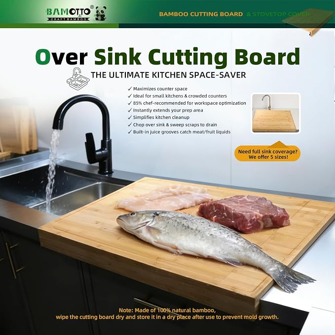 BAMOTTO CRAFTBAMBOO 30"x21" Extra Large Bamboo Cutting Board Stovetop Cover | Detachable Legs | Detachable Non-Slip Front Lip | Over Sink | Noodle Board | Kitchen Countertop Prep Station | Juice Groove