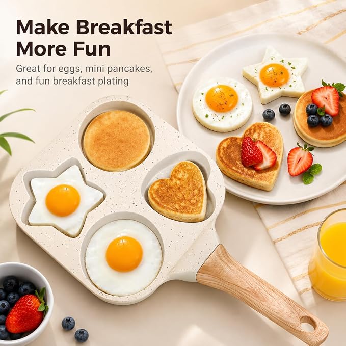 Non Stick Egg Frying Pans 4 holes Shapes, Egg Frying Pan Nonstick, Heart Star Shapes Breakfast Pan, Quick Heating, Easy to Clean, Ideal Use for Breakfast