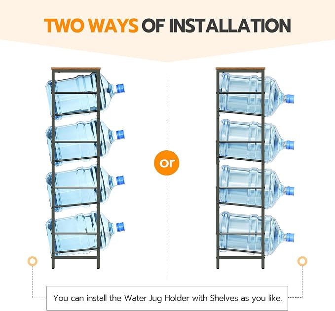 HOOBRO Water Jug Rack, Water Bottle Holder, 5 Gallon Water Jug Rack, 4-Tier Water Cooler Storage Rack, Water Dispenser Stand, for Kitchen, Living Room, Office, Rustic Brown and Black BF02ST01