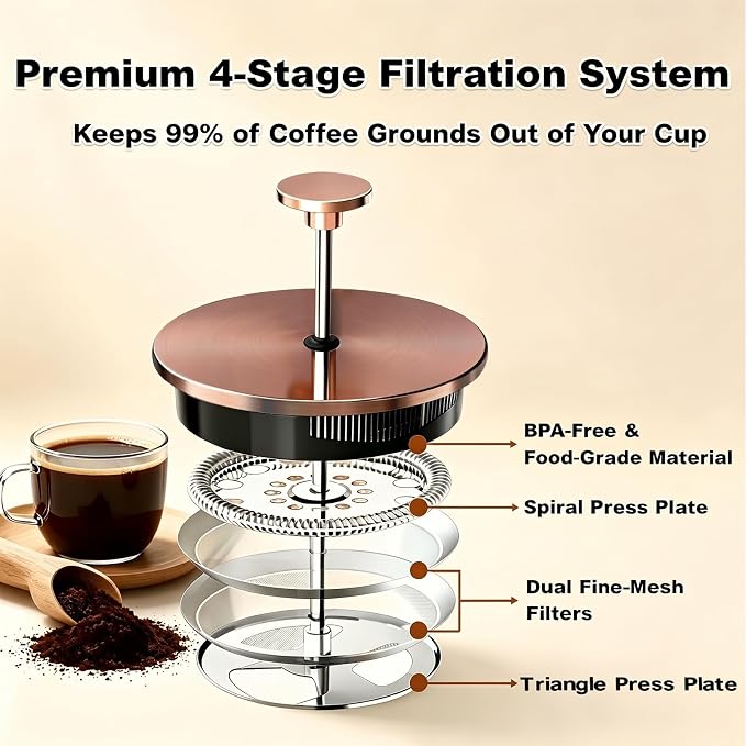 QUQIYSO French Press 51oz,Large French Press Thickened Glass Coffee Press | French Press Stainless Steel,Large Capacity Coffee Maker,Easy to Clean,4 Filter,Suitable for Party Home Office(Copper)
