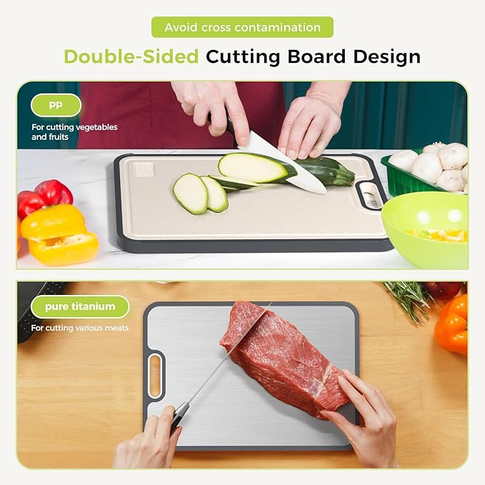 Titanium Cutting Board for Kitchen, Cutting Board Double Sided Food Grade, Pure Titanium/PP, Easy to Clean Large Size 15”×10.3”