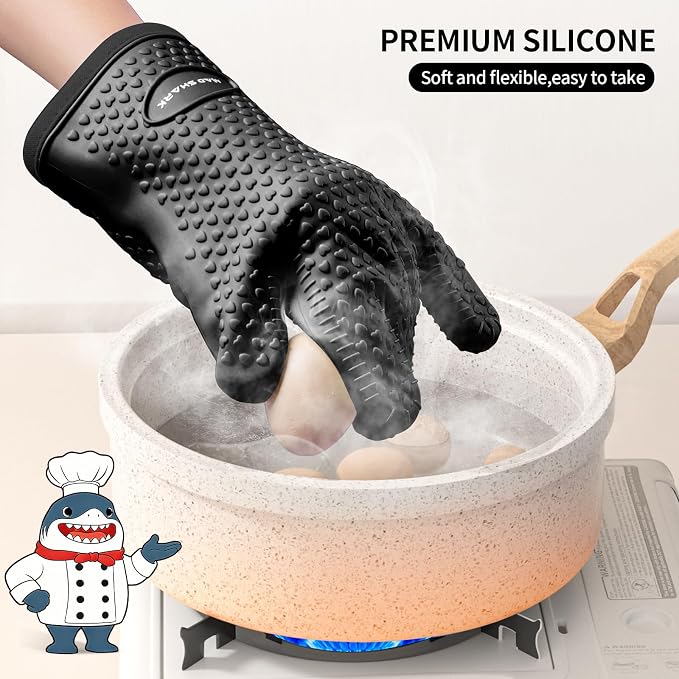 MAD SHARK Silicone Oven Mitts with Fingers Heat Resistant 450°F in Kitchen | Waterproof & Non-Slip Oven Gloves,Cotton Lined Silicone Kitchen Mitts for Baking Cooking Barbecue,Women (Black)