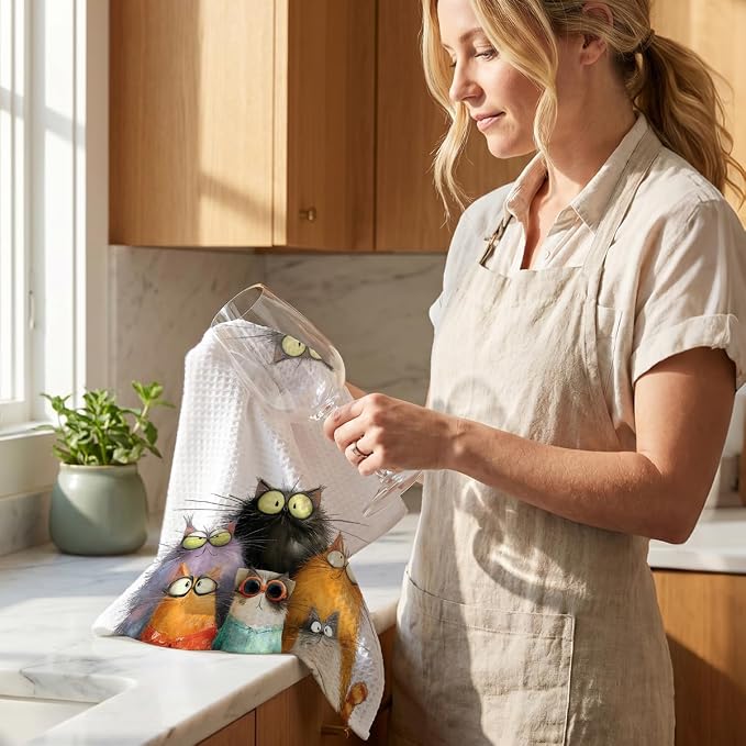 4 Pcs Cute Cat Kitchen Towels, Funny Cats Gifts Absorbent Hand Towels-03 | Cat Dish Cloths for Drying Dishes, Cats Waffle Dish Towels for Kitchen Home Bathroom Decor, Cat Lover Gifts for Women Mom