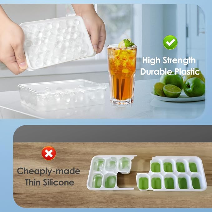 Ice Cube Tray with Lid and Bin, 0.8" Round Ice Trays for Freezer | 2 White Ice Cube Trays with Ice Box & Tong, 0.8" Round Ice Balls for Iced Coffee & Juice, Easy Twist Release, For Gatherings