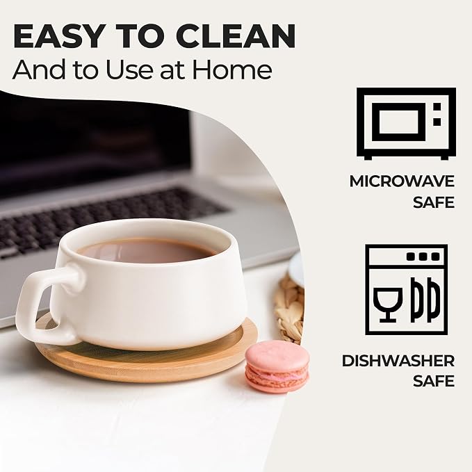 MIAMIO - Cappuccino Cup Set of 4, Ceramic (9.5oz) - Luxe (Classic Pastel) | Ceramic cappuccino cups and saucers, wide latte cups and mugs for Americano, 4-piece set of ceramic cups - dishwasher safe