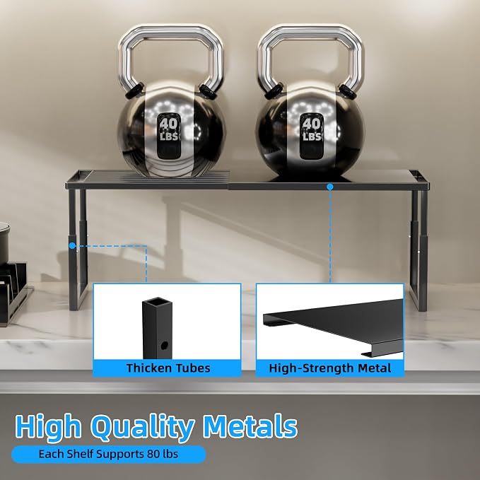 Cabinet Shelves, 2 Pack Stackable Shelves for Pantry Storage | Expandable & Height Adjustable Cabinet Organizer Shelf | Metal Shelf Organizer | Black Spice Rack for Pantry Storage