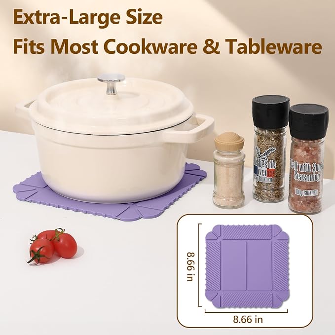 Magnetic Silicone Trivet Mat - Heat Resistant Hot Pad for Hot Dishes, Pots & Pans, Non-Slip Table & Countertop Protector (2, Purple)