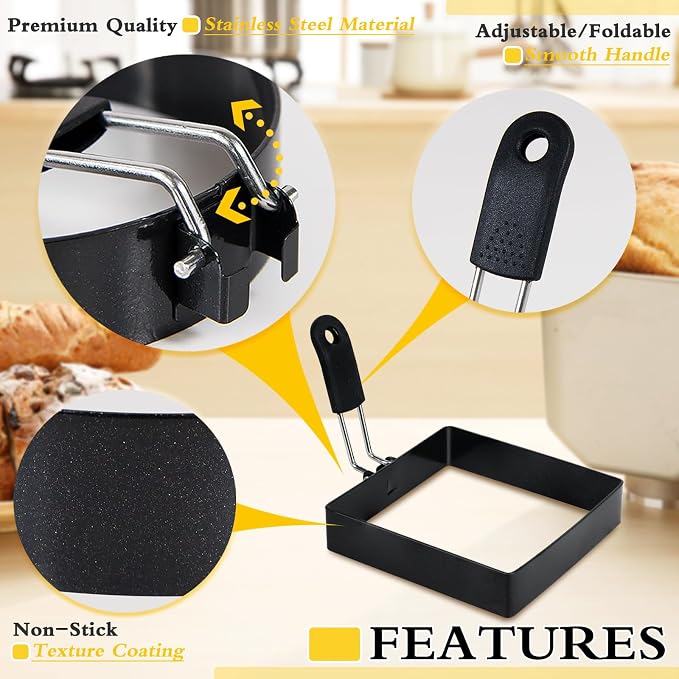 2-Pack 4'' Square Egg Rings Set with Silicone Handle, Stainless Steel Egg Cooking Rings，Nonstick，For Frying Eggs and English Muffins Pancake, Egg Mold Shaper For Breakfast