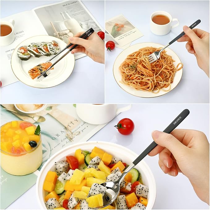 DEVICO Camping Utensils, Full-Size Reusable Silverware for Lunch Adult | 18/8 Stainless Steel Reusable Travel Cutlery Set,Korean Chopsticks Fork and Spoon Set for Lunch Box/Camping/Picnic/Dorm,Black