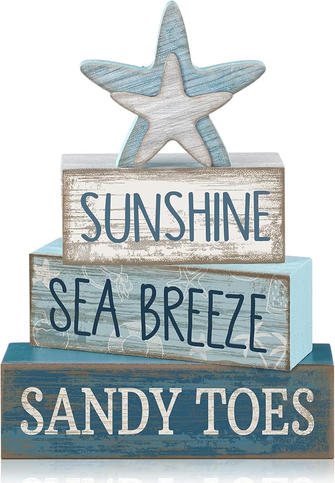 Lineshading 4 Pcs Wooden Starfish Summer Coastal Table Block Signs | Stackable Tiered Tray Decor, Beach Home Accents with Distressed Wood Finish, Nautical Starfish Topper for Coastal Shelves