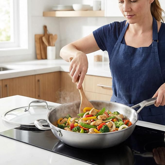 Inqibee 13 Inch Stainless Steel Wok Pan with Lid, Detachable Handle | Uncoated Tri-Ply Stainless Steel Stir Fry Pan, Everyday Cooking Wok for Induction, Flat Bottom, Dishwasher & Oven Safe