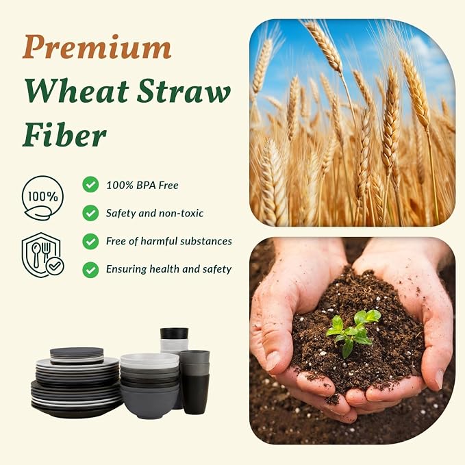40 PCS Kitchen Plates and Bowls Sets for 8 Wheat Straw Dinnerware Sets Microwave and Dishwasher Safe Camping Dish Set Plate Set, Kids, Reusable, Unbreakable, Lightweight-BlackGrey