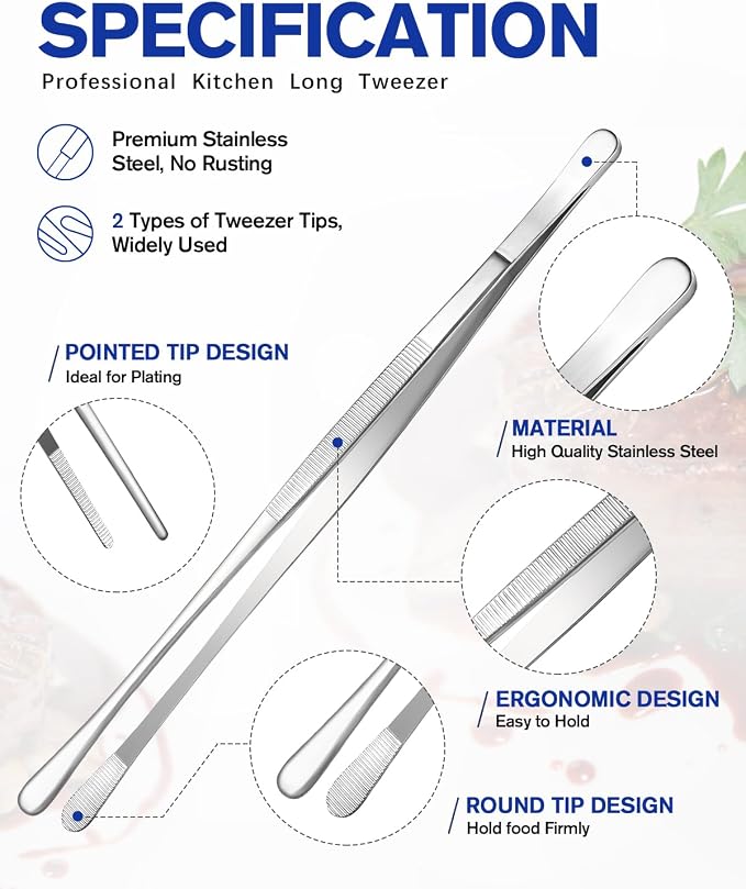 2 Pcs 10-Inch Kitchen Tweezers Fine Tweezer Tongs, Stainless Steel Professional Long Cooking Tweezers for BBQ, Sea Food, Repairing and Serving (SILVER)
