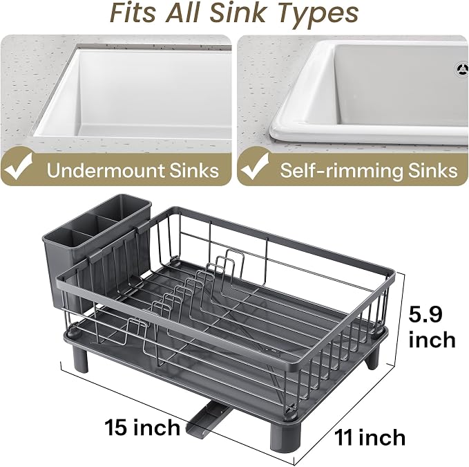 SNTD Dish Drying Rack for Small Kitchen Counter, 11" W x 15" L, Grey | Space Saving, Rotating Spout & Angled Drainboard for Quick Drainage, Stainless Steel, Removable Utensil Holder