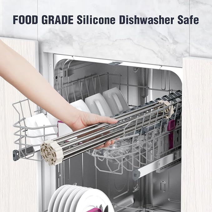 Tomorotec Roll Up Dish Drying Rack Over Sink, 304 Steel, 21x15.5, White | Anti-Slip Silicone Rims For Grip, Heat-Resistant Trivet Mat Holding Heavy Cookware, Rustproof Kitchen Counter Space Saver