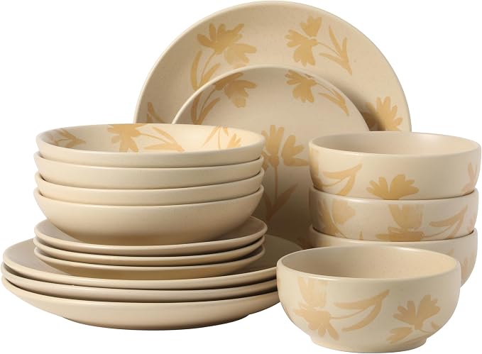 Gibson Home Admiral Hall Plates and Bowls Set, 16-Piece Floral Dinnerware Set, Cream Stoneware Dish Set, Dinner Plates, Salad Plates, Pasta Bowls & Cereal Bowls