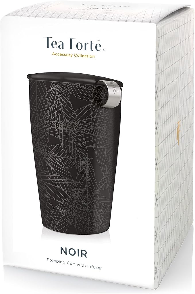 Tea Forte Double-Walled Ceramic Kati Cup, Noir, 12 oz | Insulated Ceramic - Stainless Steel Loose Leaf Infuser - Keeps Tea Hot Longer - Lid Included - Microwave & Dishwasher Safe