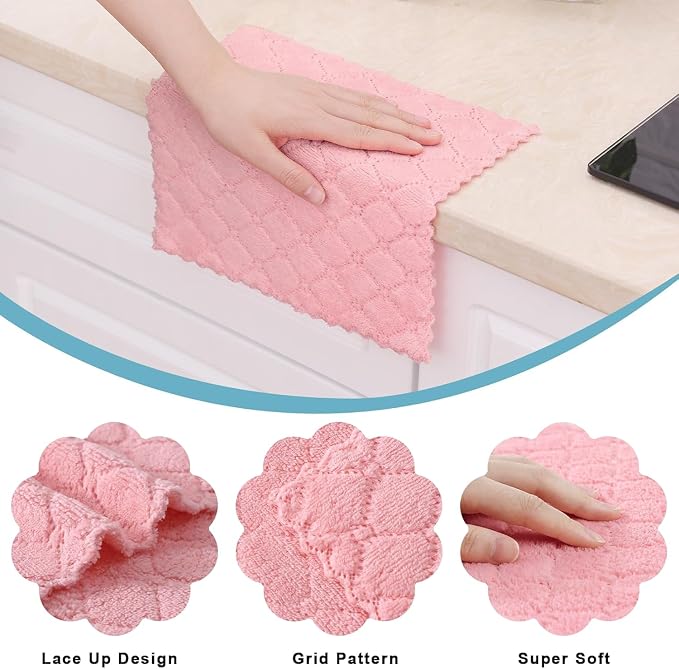 Homaxy 12 Pack Super Soft & Absorbent Dish Cloths, 10" x 10", Pink | Coral Velvet, Nonstick Oil Fast Drying Microfiber Cleaning Cloth, No Lint Household Dishcloths
