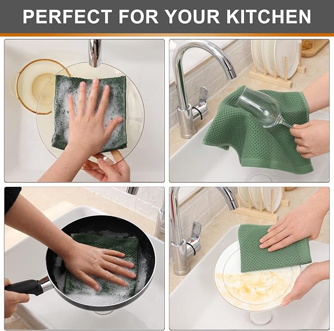 Kitinjoy 100% Cotton Waffle 8-Pack Kitchen Towels, 12" x 12", Grass Green | Ultra Absorbent, Super Soft, lightweight, Quick Drying Dish Rags for Washing Dishes