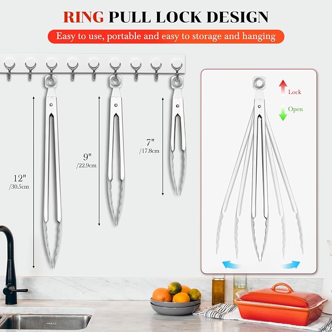7/9/12 Inch Kitchen Tongs for Cooking, Heat Resistant Stainless Steel Tongs | Heavy Duty Metal Tongs Grilling Tongs Grill Tongs BBQ Tongs for Cooking,Grilling,BBQ/Barbecue,Food (All Metal - 7"+9"+12")