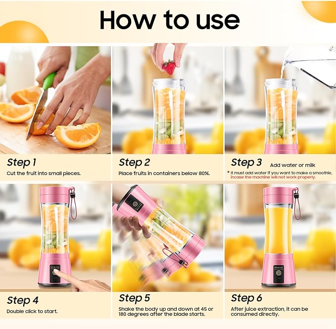 Personal Size Portable Blender Make Smoothies - Mini Blender 12oz Juice Cup | Powerful Blending with 6 Stainless Steel Blades, BAP-Free, Lightweight, Easy Clean,Suit in Travel/Office/Gym/Picnic/ Sports