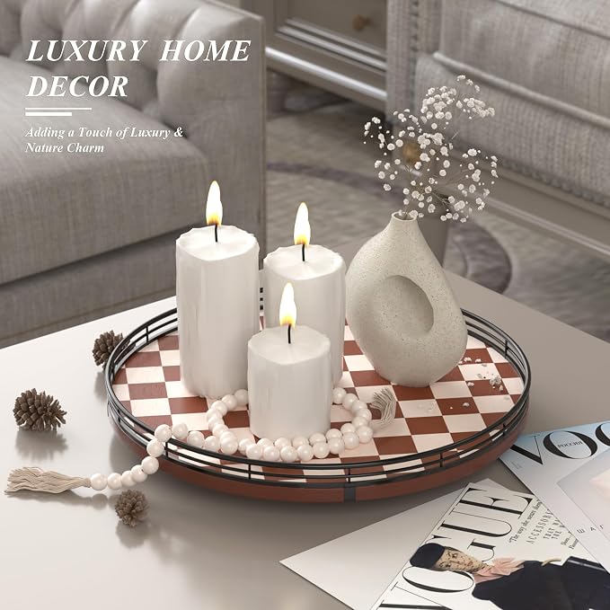 AMH 13-Inch Brown White Checkerboard Lazy Susan with Black Metal Rail | Smooth rotating oak tray with walnut finish for dining tables, kitchen counters, pantries and cabinet storage.
