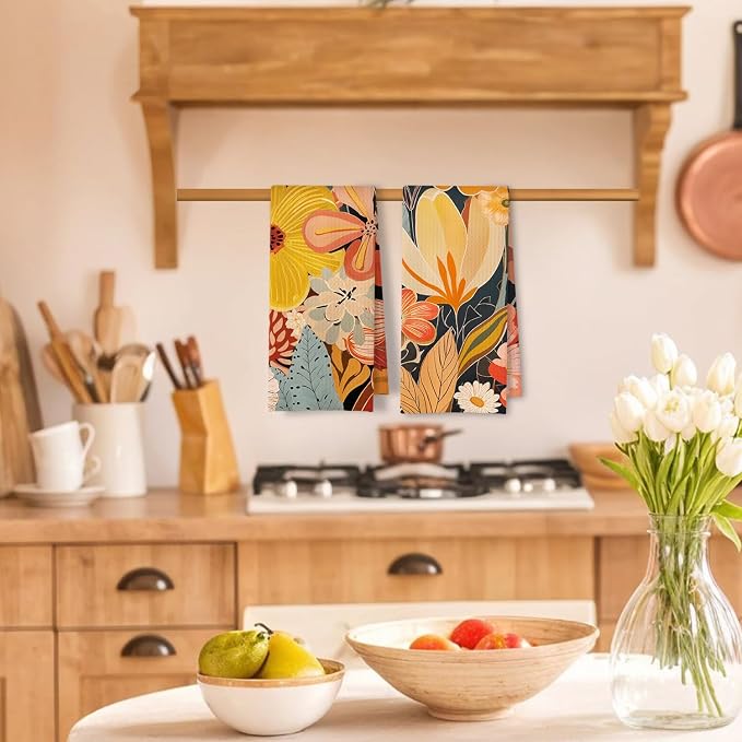 Abstract Boho Floral Kitchen Towels Set of 2, Maximalist Colorful Flower Hand Towels for Bathroom Decor, Mid Century Modern Dish Tea Towels for Kitchen Decor, 16x24 Inch