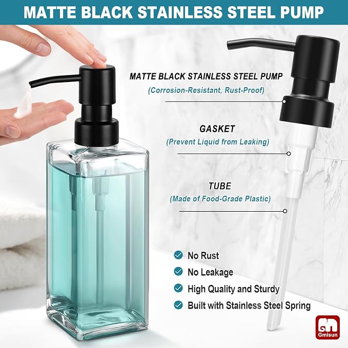 GMISUN Glass Soap Dispenser with Stainless Steel Pump, Clear Hand Soap Dispenser for Bathroom, 12 fl oz/350ml Refillable Dish Dispenser for Kitchen, Modern Liquid Soap and Lotion Bottle for Countertop