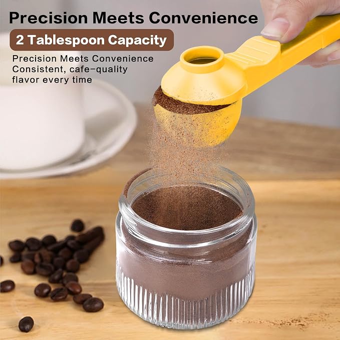 2-in-1 Coffee Scoop with Funnel, 2 Tbsp Measuring Spoon for Reusable K Cups, Ground Coffee, Protein Powder & Tea, Mess-Free Plastic Design（Yellow-1pack）