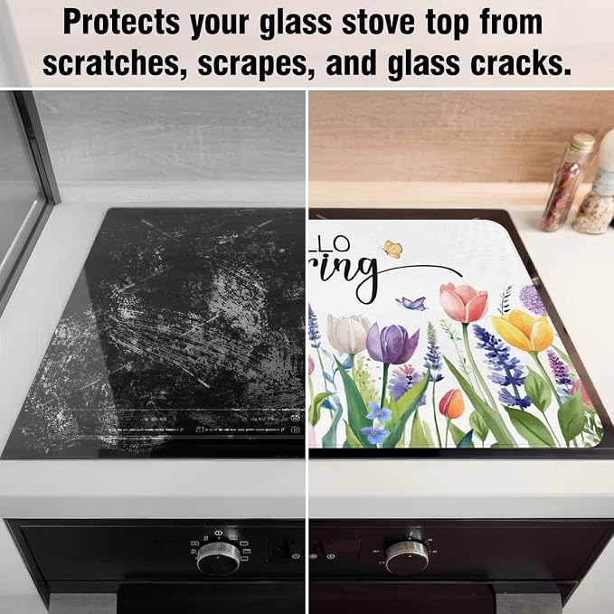 Spring Summer Glass Stove Top Covers for Electric Stove,Tulip Lavender Flower Floral Farmhouse Heat Resistant Cooktop Protector Non-Slip Washable Dish Drying Mat Rug Pad for Kitchen Decor 28"x20"
