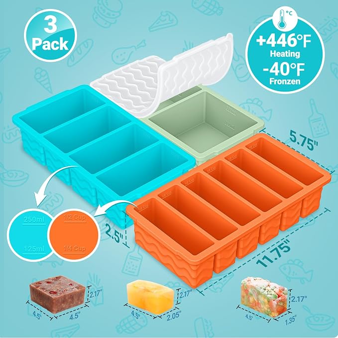 3-Pack Silicone Freezer Trays with Lid, Soup Freezer Container Molds | 2 Large 2-Cup, 4 Medium 1-Cup, 6 Small 1/2-Cup, BPA Free, Ice Cube Tray for Soup, Stews, Sauces, Meal Prep, Broth, Leftovers