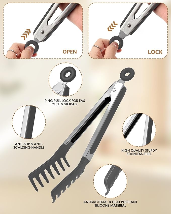 Spaghetti Spoon and Pasta Tong with Teeth and Drain Holes, 2-Piece Non-Stick Silicone Spoon Server Fork with Stainless Steel Handle, Kitchen Tong for Cooking, Serving, Salad and Noodles, Grey