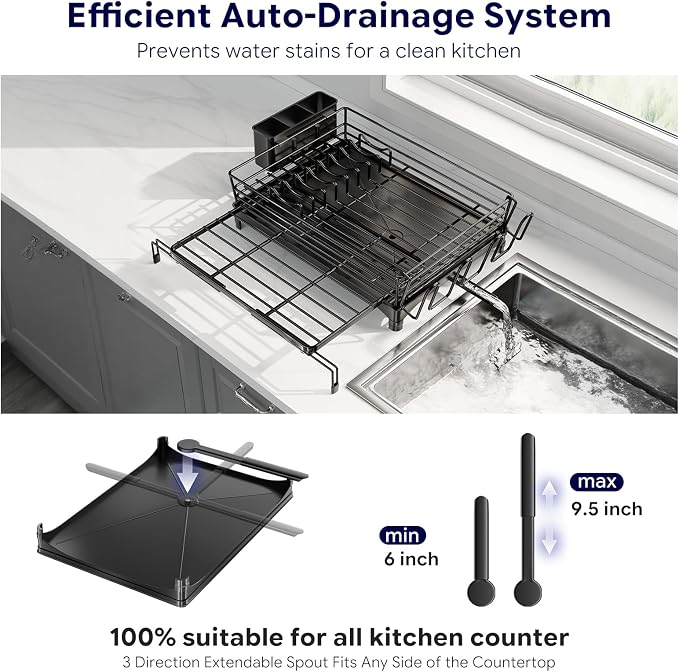 Simple Trending Dish Drying Rack - Expandable Dish Rack for Kitchen Counter, Large Capacity Dish Drainer, Stainless Steel Dish Strainer with Utensil & Cup Holders, Black