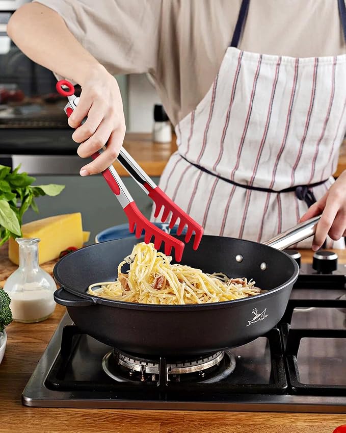 Silicone Spaghetti Spoon & Pasta Tong, Non-Stick Stainless Steel Handle Pasta Fork Set with Teeth, Food Clip for Easy Serving of Noodles (Red)