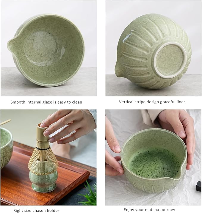 TANG PIN Matcha Set - Match Bowl and Whisk, 15 OZ Matcha Whisk Set | Matcha Scoop | Matcha Whisk Stand (Chasen Holder) - 5pc Perfect Matcha Kit for Matcha Tea Ceremony (Mottled Green)
